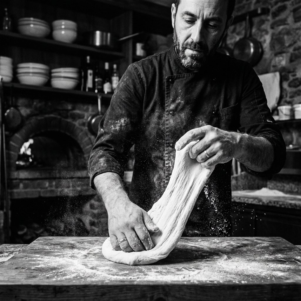 Chef de pizza pétrissant la pâte
